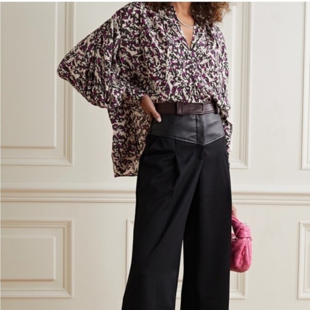 Isabel Marant Cade Blouse Size 2 FR 34 Purple Black Print Silk Buckled Cuff Top